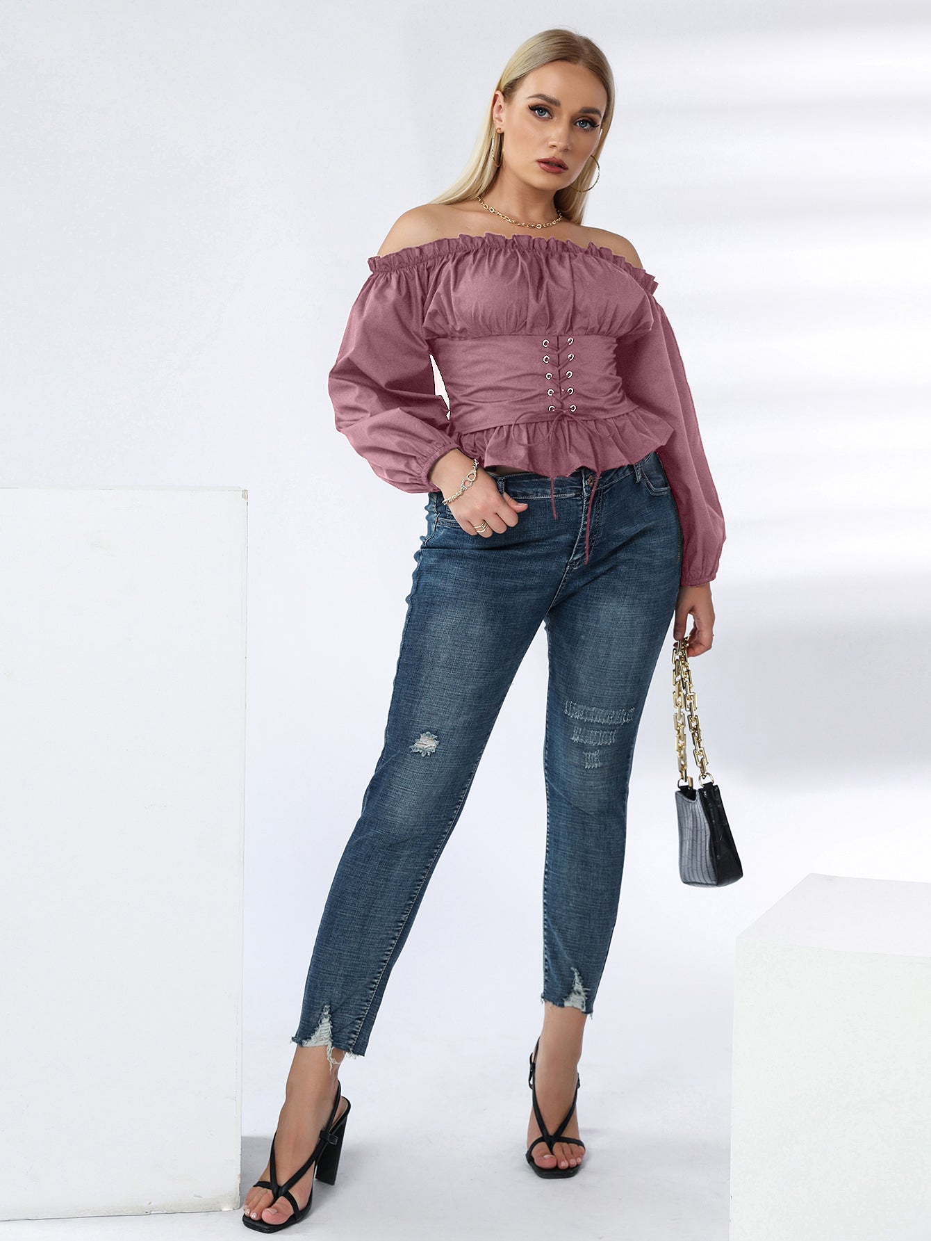 fermon - Plus Off Shoulder Lace Up Ruffle Hem Peplum Blouse