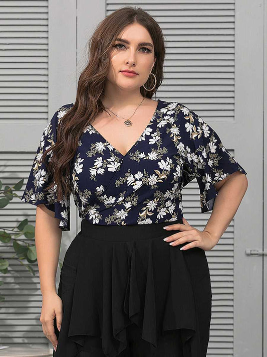 fermon - Plus Size Fashion Women V Neck Flower Printing Backless Blouse Shirt