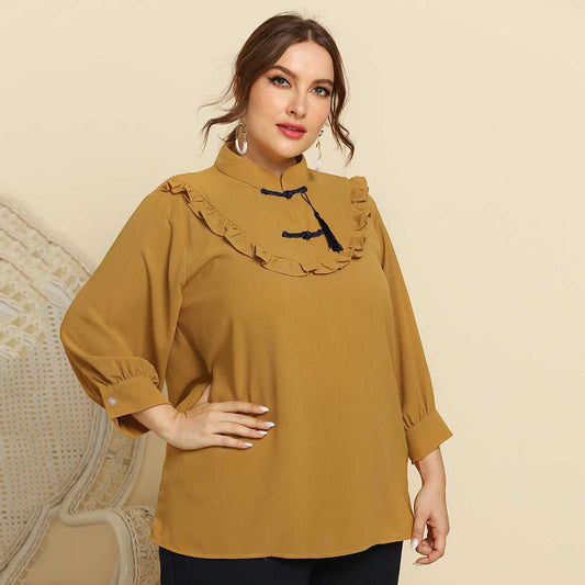 fermon - Plus Size Women Retro Style Stand Collar Ruffle Trim Solid Color Casual Shirt Top Blouse
