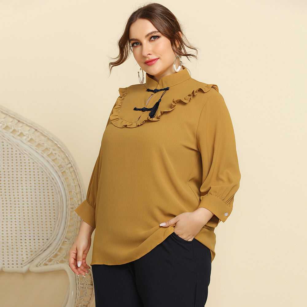 fermon - Plus Size Women Retro Style Stand Collar Ruffle Trim Solid Color Casual Shirt Top Blouse