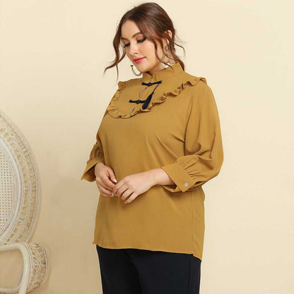fermon - Plus Size Women Retro Style Stand Collar Ruffle Trim Solid Color Casual Shirt Top Blouse