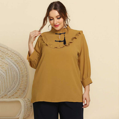 fermon - Plus Size Women Retro Style Stand Collar Ruffle Trim Solid Color Casual Shirt Top Blouse
