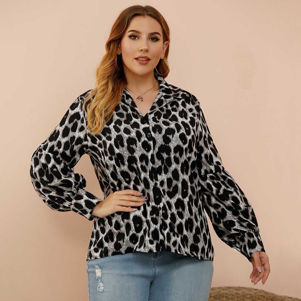 fermon - Plus size women's loose - fitting leopard-print slim lantern sleeves shirt