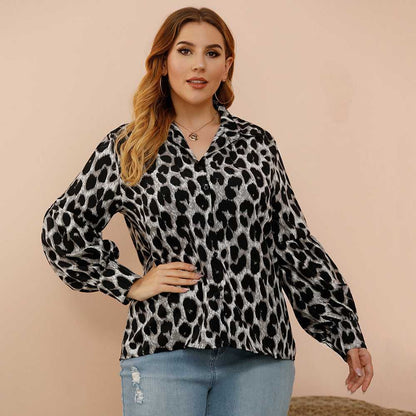 fermon - Plus size women's loose - fitting leopard-print slim lantern sleeves shirt