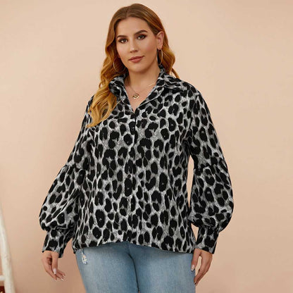 fermon - Plus size women's loose - fitting leopard-print slim lantern sleeves shirt
