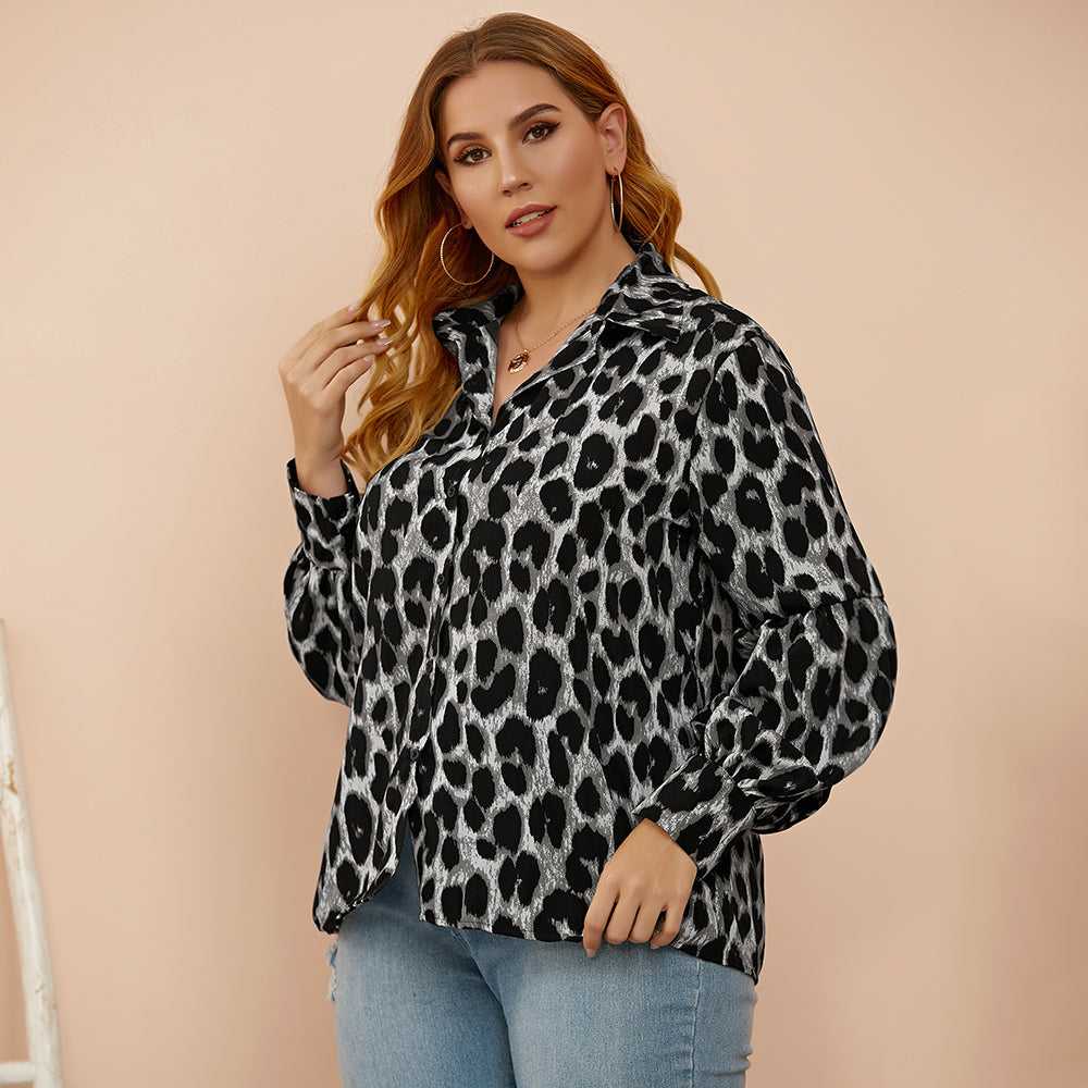 fermon - Plus size women's loose - fitting leopard-print slim lantern sleeves shirt