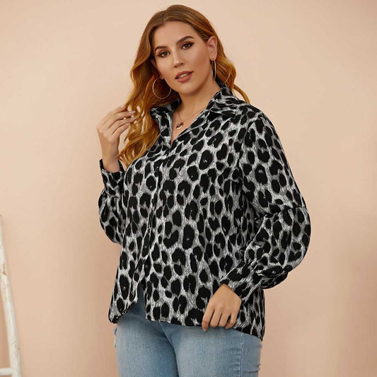 fermon - Plus size women's loose - fitting leopard-print slim lantern sleeves shirt