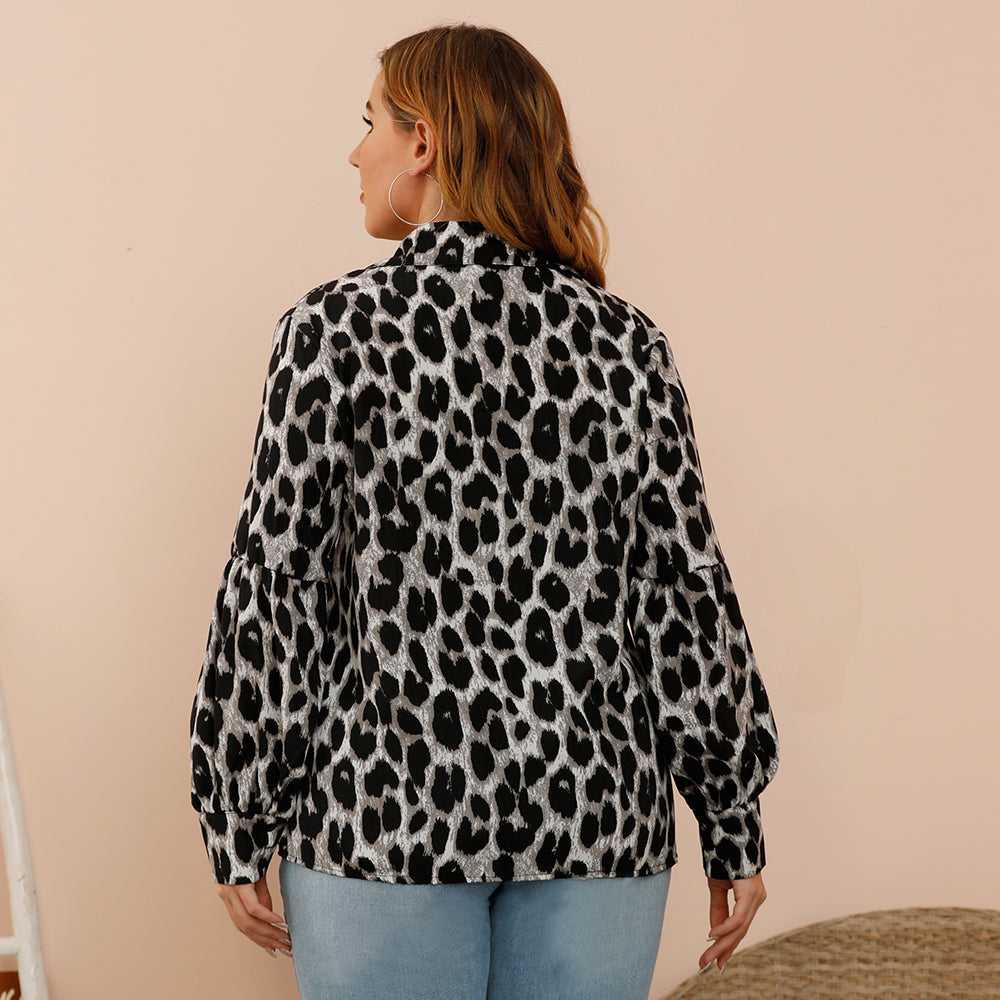 fermon - Plus size women's loose - fitting leopard-print slim lantern sleeves shirt