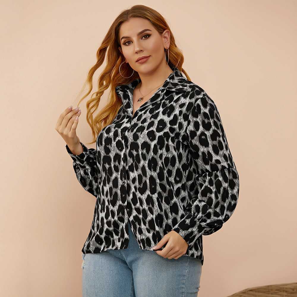 fermon - Plus size women's loose - fitting leopard-print slim lantern sleeves shirt