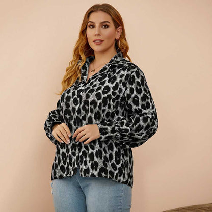 fermon - Plus size women's loose - fitting leopard-print slim lantern sleeves shirt