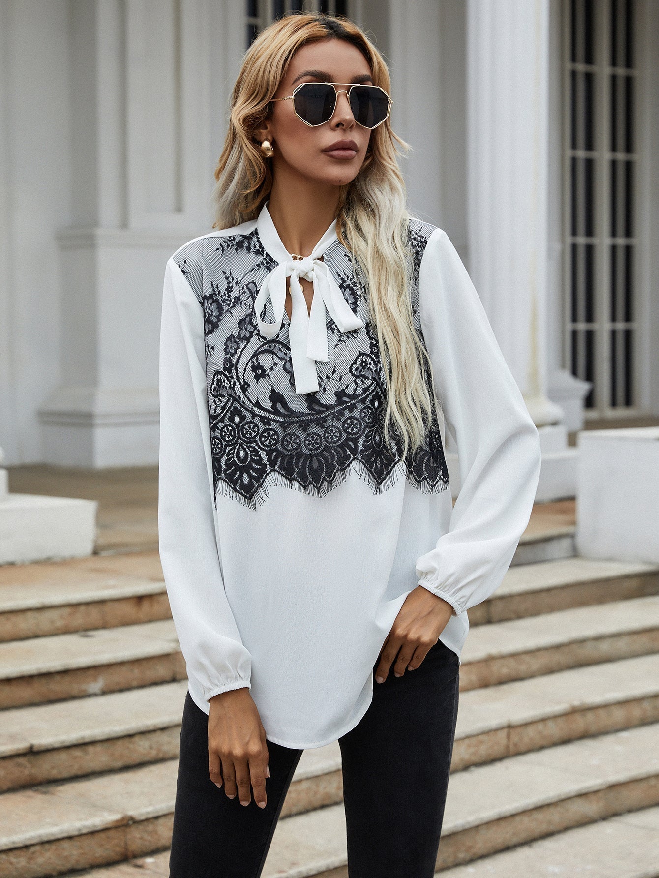 fermon - Puff sleeve top black lace stitching bow tie long-sleeved shirt