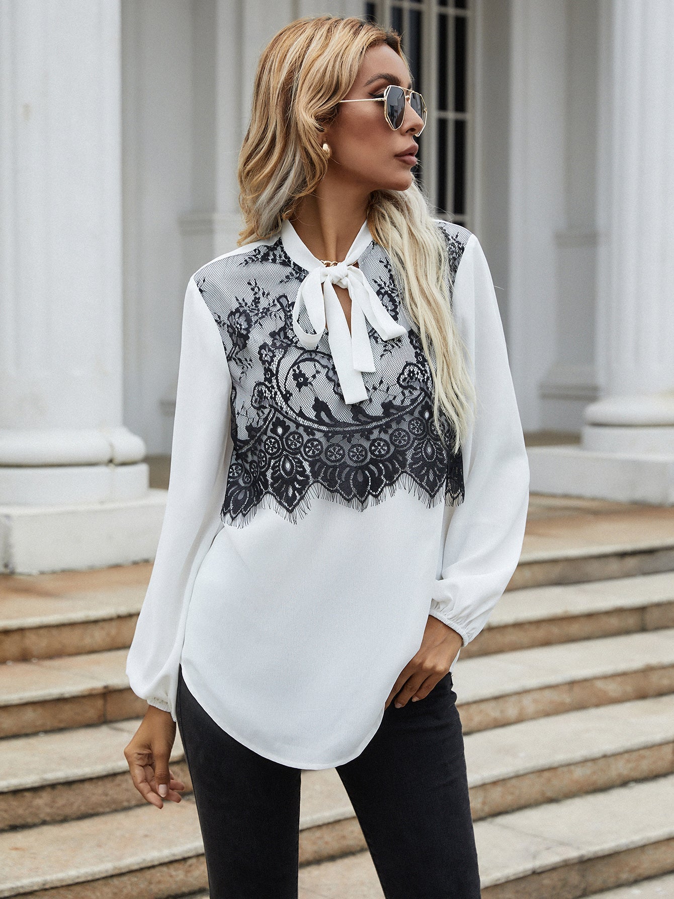 fermon - Puff sleeve top black lace stitching bow tie long-sleeved shirt