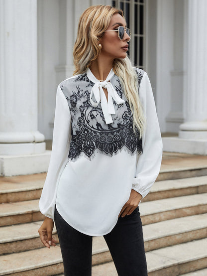 fermon - Puff sleeve top black lace stitching bow tie long-sleeved shirt