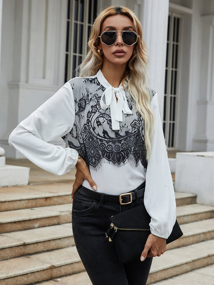 fermon - Puff sleeve top black lace stitching bow tie long-sleeved shirt