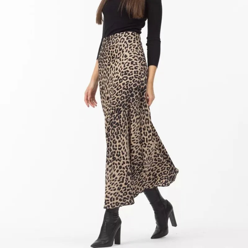 Sexy Leopard Print Long Vintage Satin Skirt