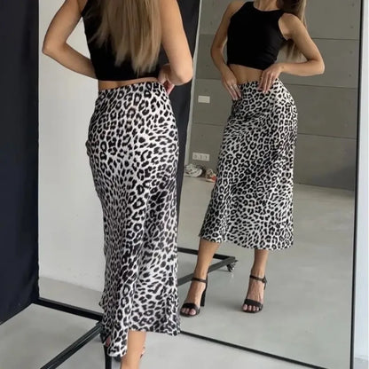 Sexy Leopard Print Long Vintage Satin Skirt