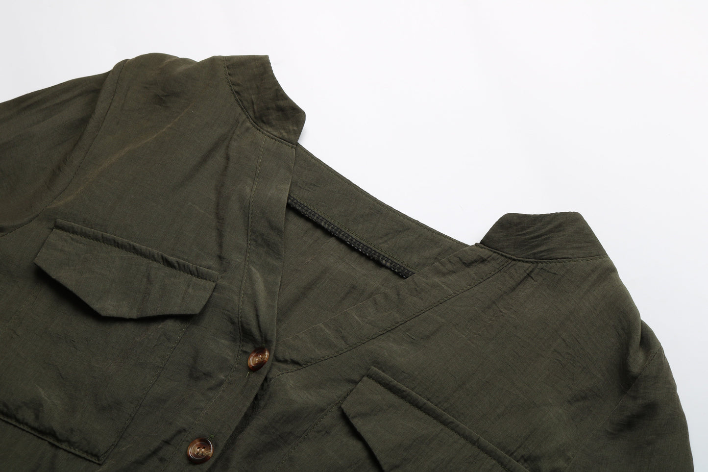 fermon - Solid Color V-neck Button Shirt Short-sleeved Lace-up Top