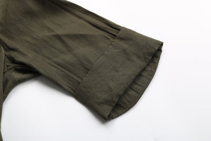 fermon - Solid Color V-neck Button Shirt Short-sleeved Lace-up Top