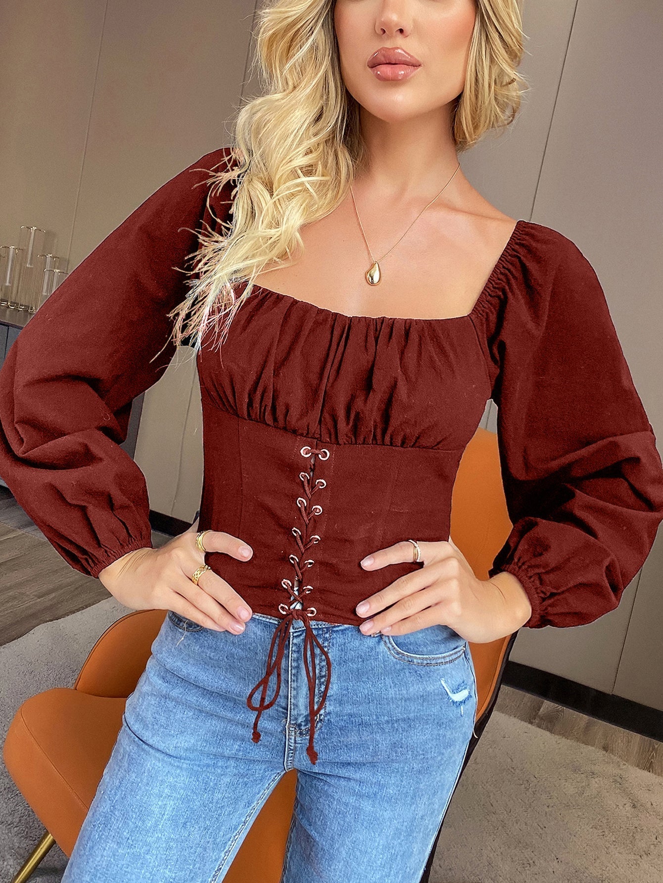 fermon - Square Neck Lace Up Front Lantern Sleeve Top