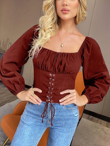 fermon - Square Neck Lace Up Front Lantern Sleeve Top