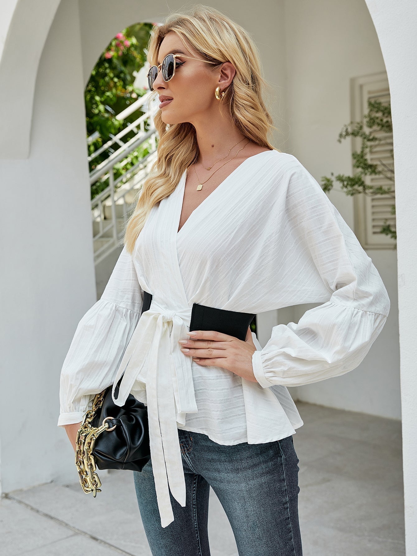 fermon - Surplice Front Belted Blouse