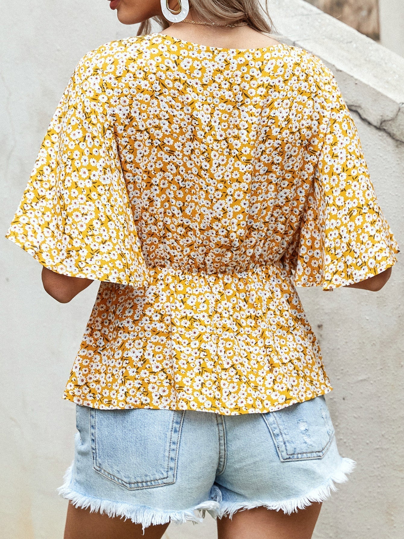 fermon - Surplice Neck Dolman Sleeve Ditsy Floral Peplum Top