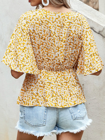 fermon - Surplice Neck Dolman Sleeve Ditsy Floral Peplum Top