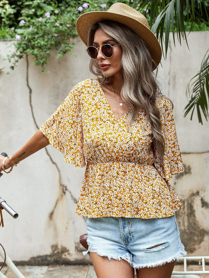 fermon - Surplice Neck Dolman Sleeve Ditsy Floral Peplum Top