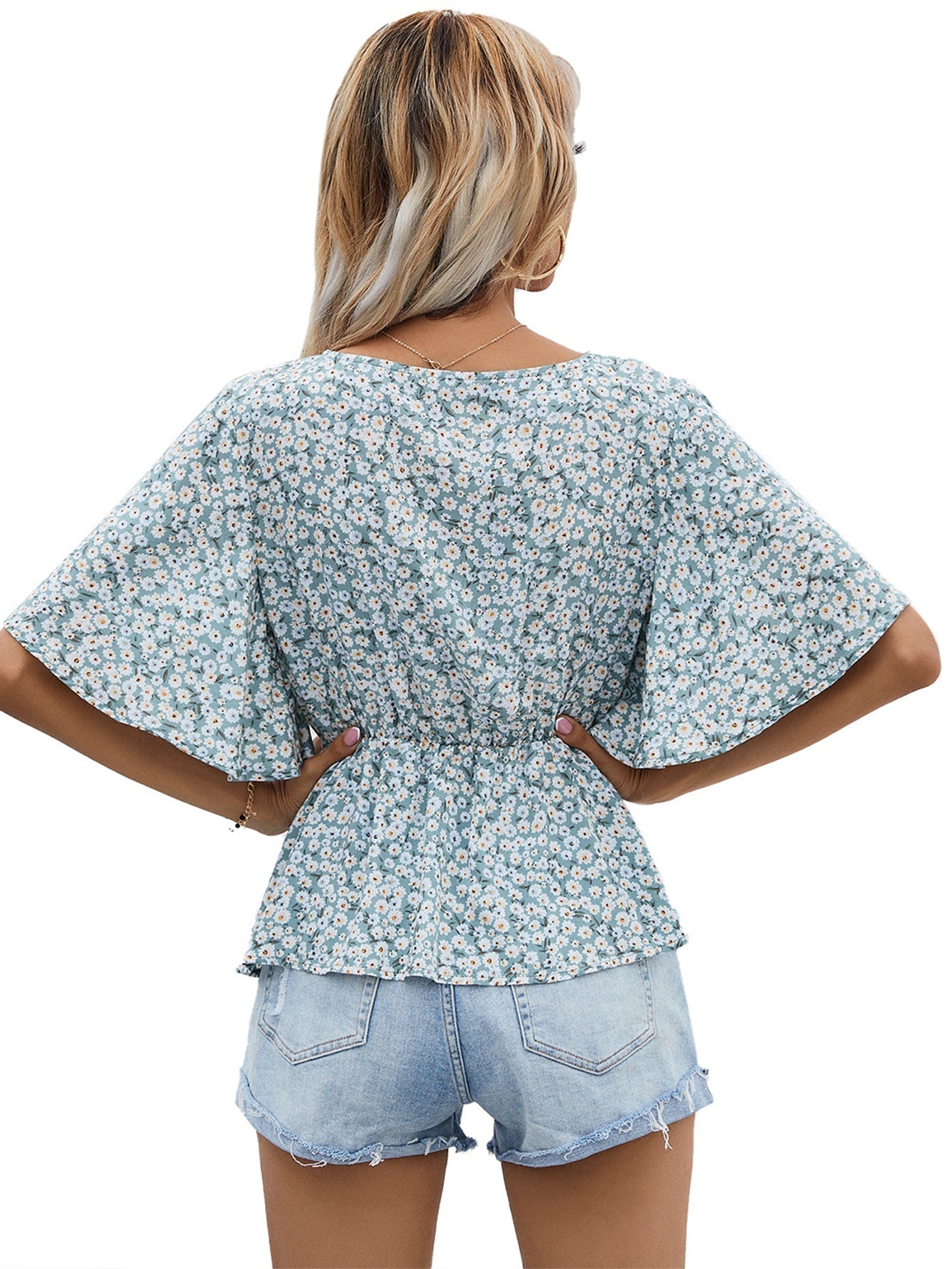 fermon - Surplice Neck Dolman Sleeve Ditsy Floral Peplum Top