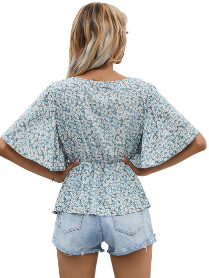 fermon - Surplice Neck Dolman Sleeve Ditsy Floral Peplum Top