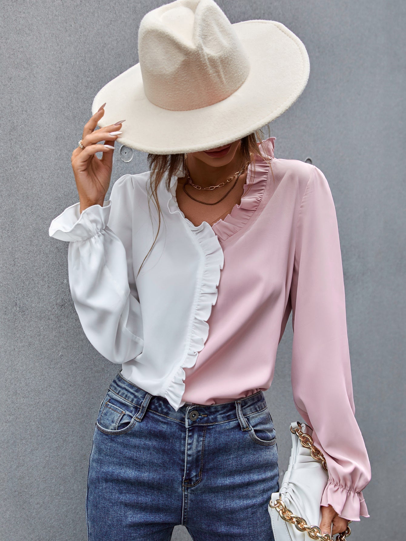 fermon - Two Tone Ruffle Hem Blouse