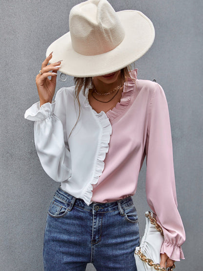 fermon - Two Tone Ruffle Hem Blouse