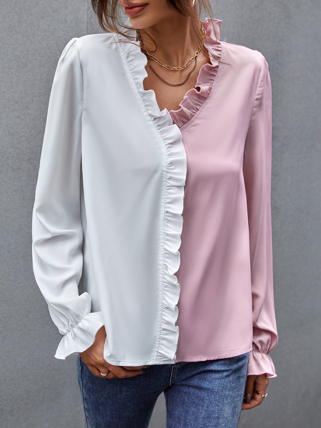 fermon - Two Tone Ruffle Hem Blouse