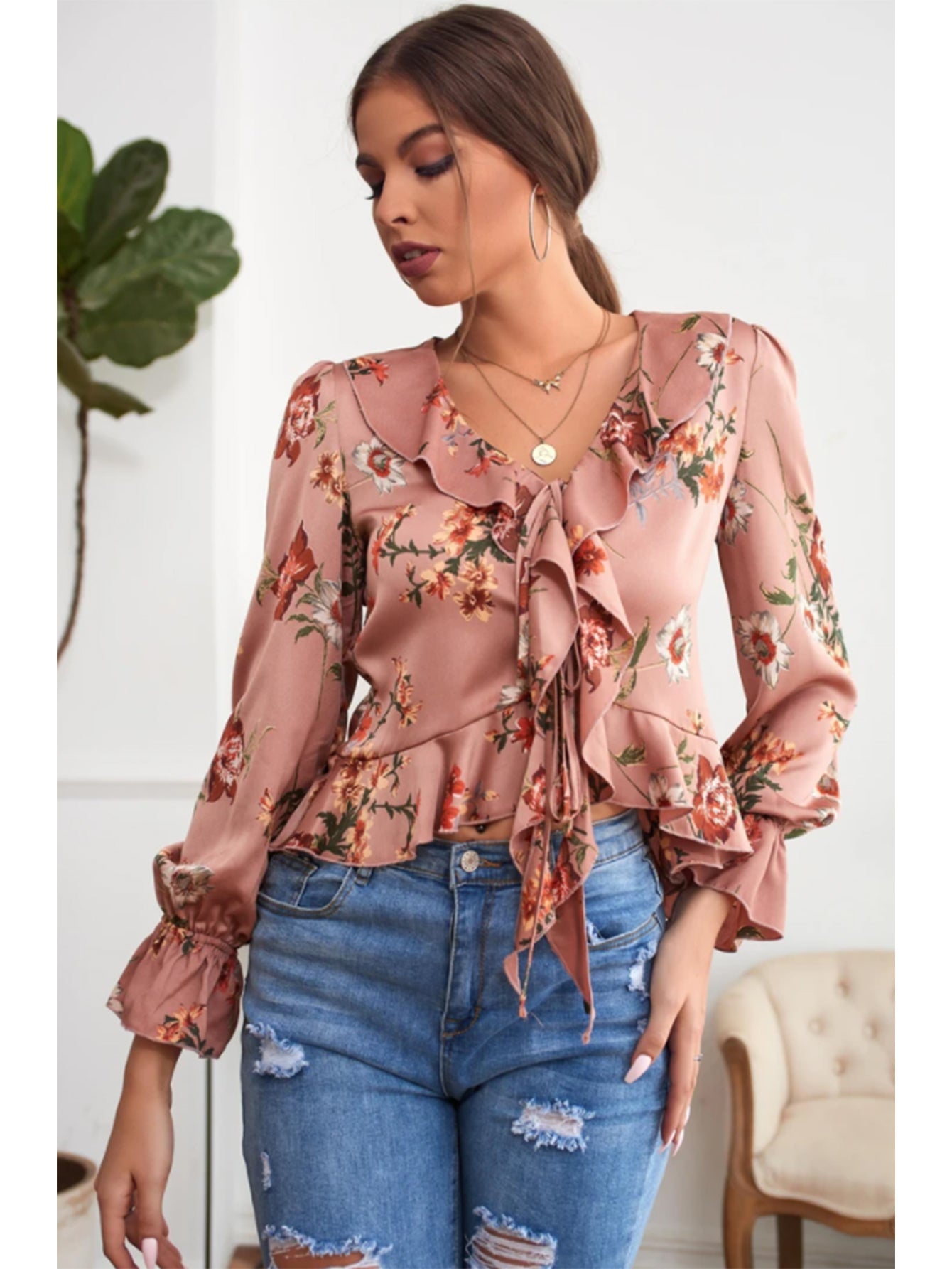 fermon - V-NECK RUFFLED FLORAL LONG SLEEVES BLOUSE