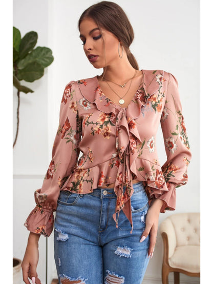 fermon - V-NECK RUFFLED FLORAL LONG SLEEVES BLOUSE