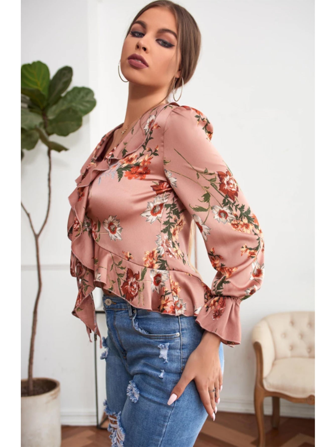 fermon - V-NECK RUFFLED FLORAL LONG SLEEVES BLOUSE