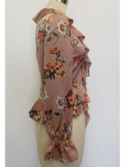 fermon - V-NECK RUFFLED FLORAL LONG SLEEVES BLOUSE
