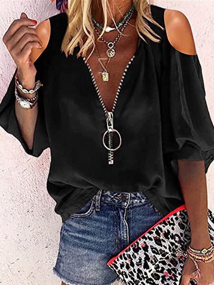 fermon - V-Neck Zip Off-Shoulder Long Sleeve Blouse