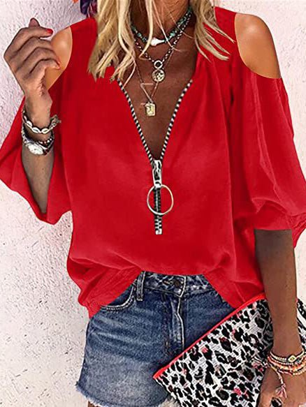 fermon - V-Neck Zip Off-Shoulder Long Sleeve Blouse