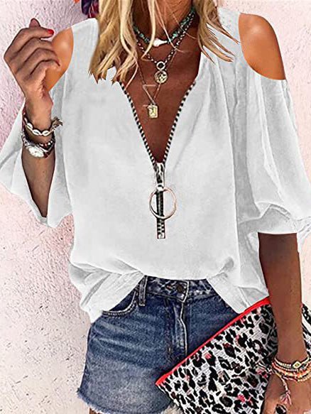 fermon - V-Neck Zip Off-Shoulder Long Sleeve Blouse