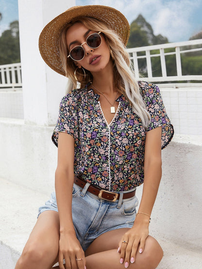 fermon - V-neck Floral Short-sleeved Chiffon Shirt