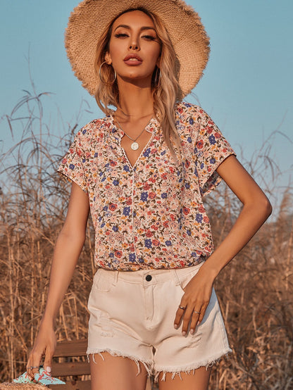 fermon - V-neck Floral Short-sleeved Chiffon Shirt Blouse