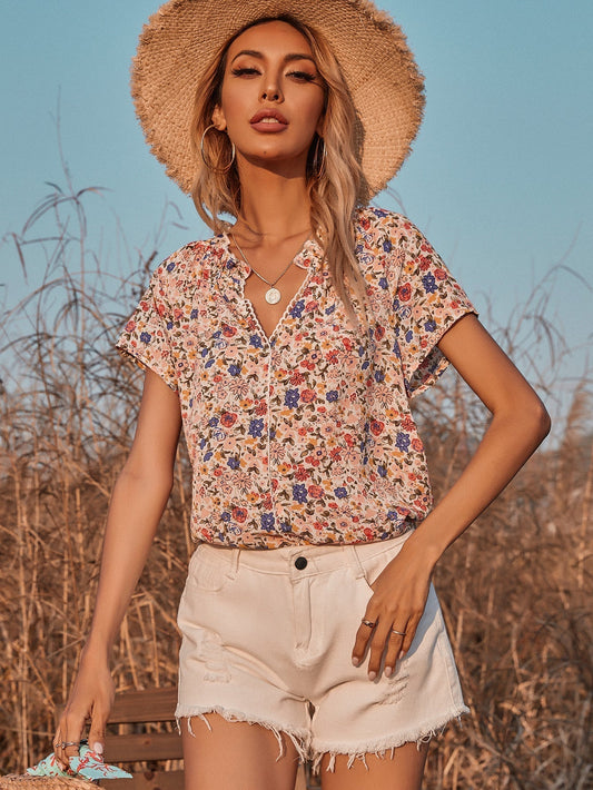fermon - V-neck Floral Short-sleeved Chiffon Shirt Blouse