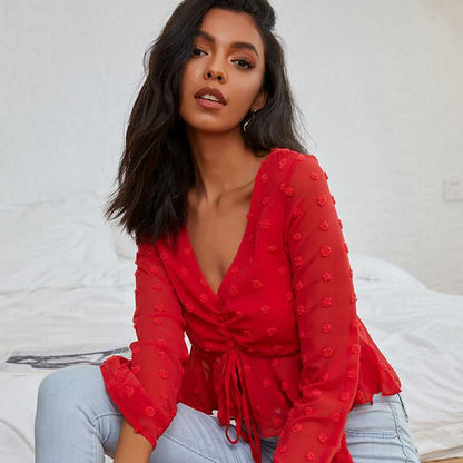 fermon - V neck wave point short flared sleeve top sexy pop up shirt women bandage blouse multicolor