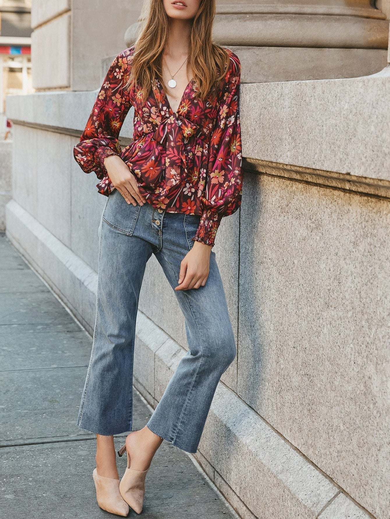 fermon - Women Deep V Neck Bow Front Long Sleeve Print Blouse