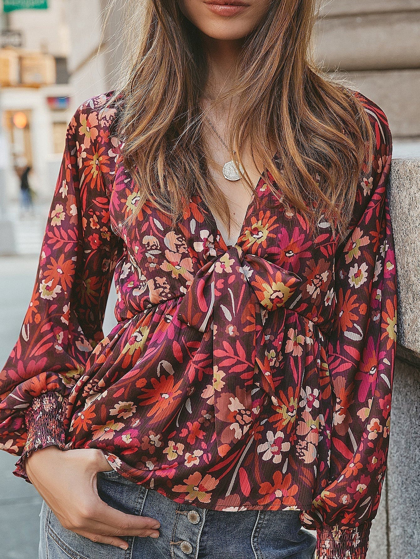 fermon - Women Deep V Neck Bow Front Long Sleeve Print Blouse