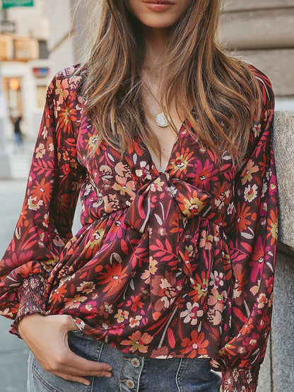 fermon - Women Deep V Neck Bow Front Long Sleeve Print Blouse