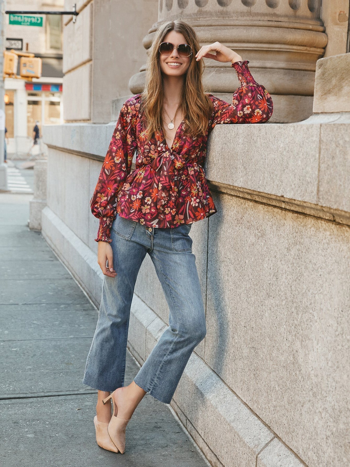 fermon - Women Deep V Neck Bow Front Long Sleeve Print Blouse