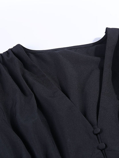 fermon - Women Deep V Neck Lantern Long Sleeve Blouse Casual Loose Pleated Shirt