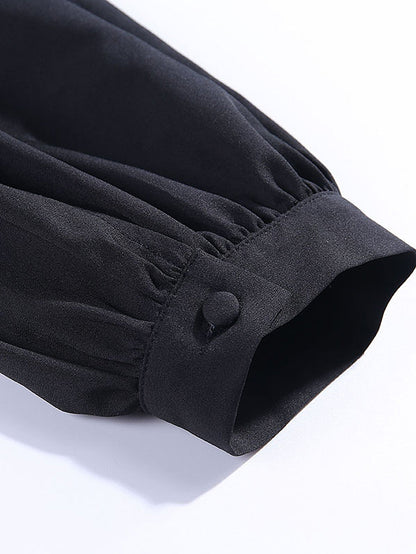 fermon - Women Deep V Neck Lantern Long Sleeve Blouse Casual Loose Pleated Shirt